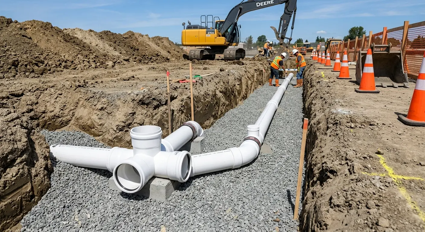 New PVC sewer pipe installation in open trench for Commercial Drain Cleaning in Sevierville