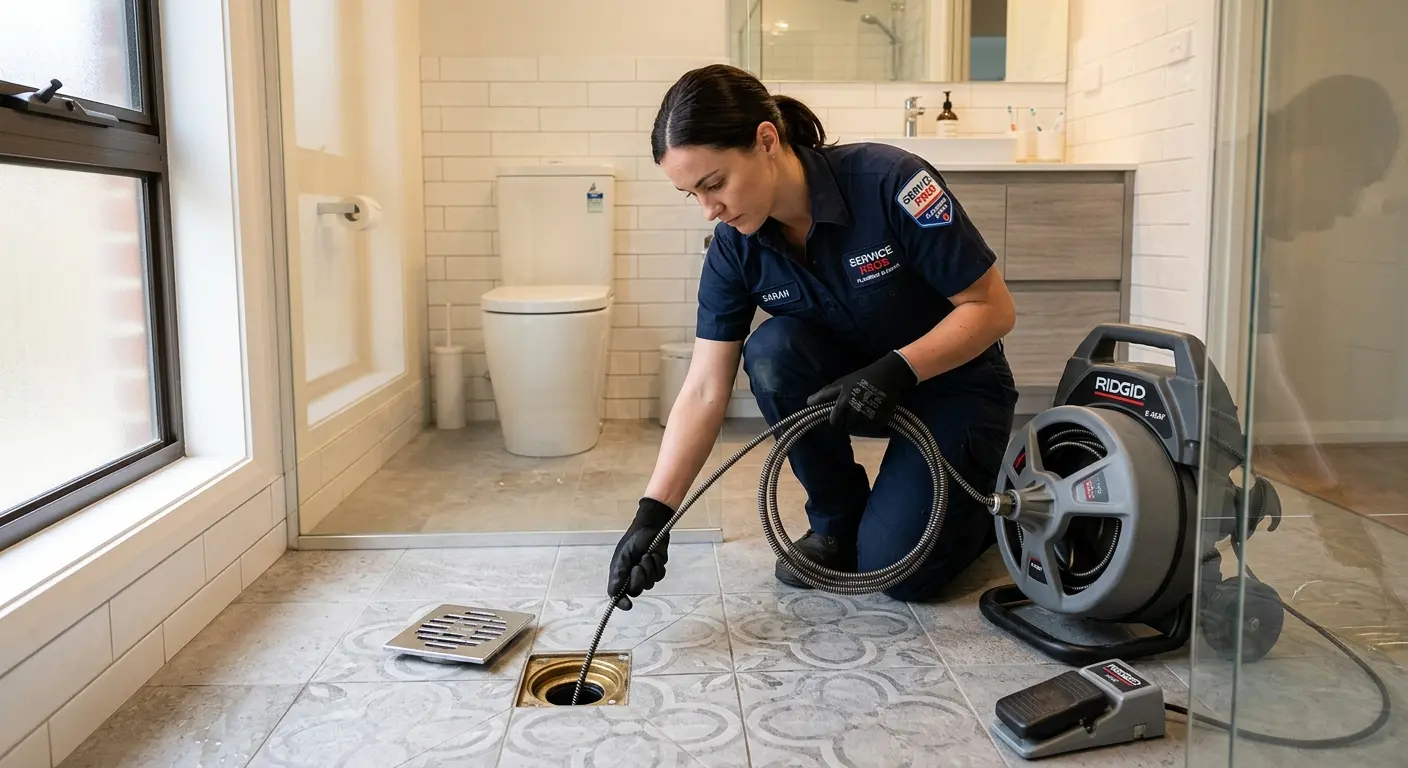 Technician clearing a bathroom floor drain for Drain Cleaning in Sevierville